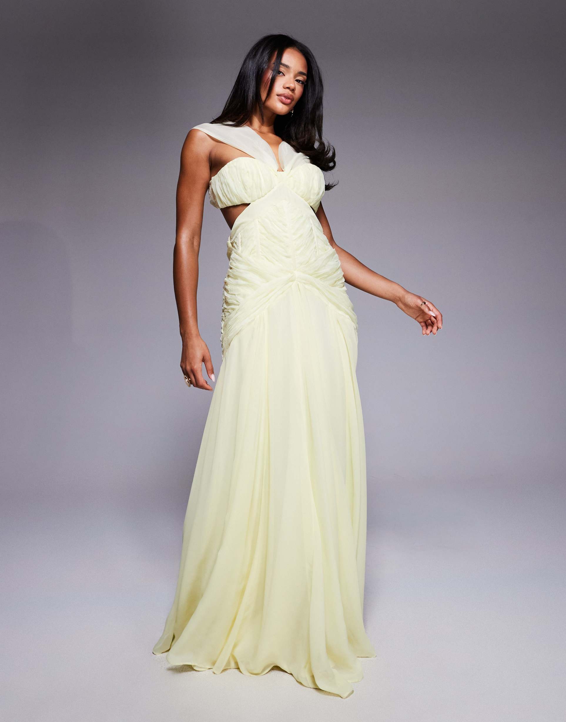 asos luxe ruched halter organza and chiffon maxi dress in buttermilk