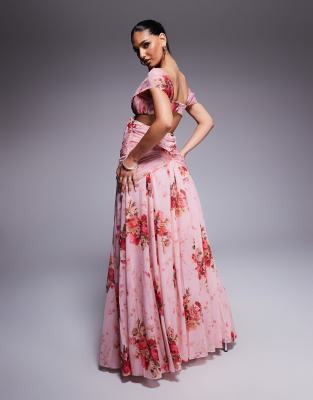 Asos Luxe Ruched Halter Printed Organza And Chiffon Maxi Dress In Pink
