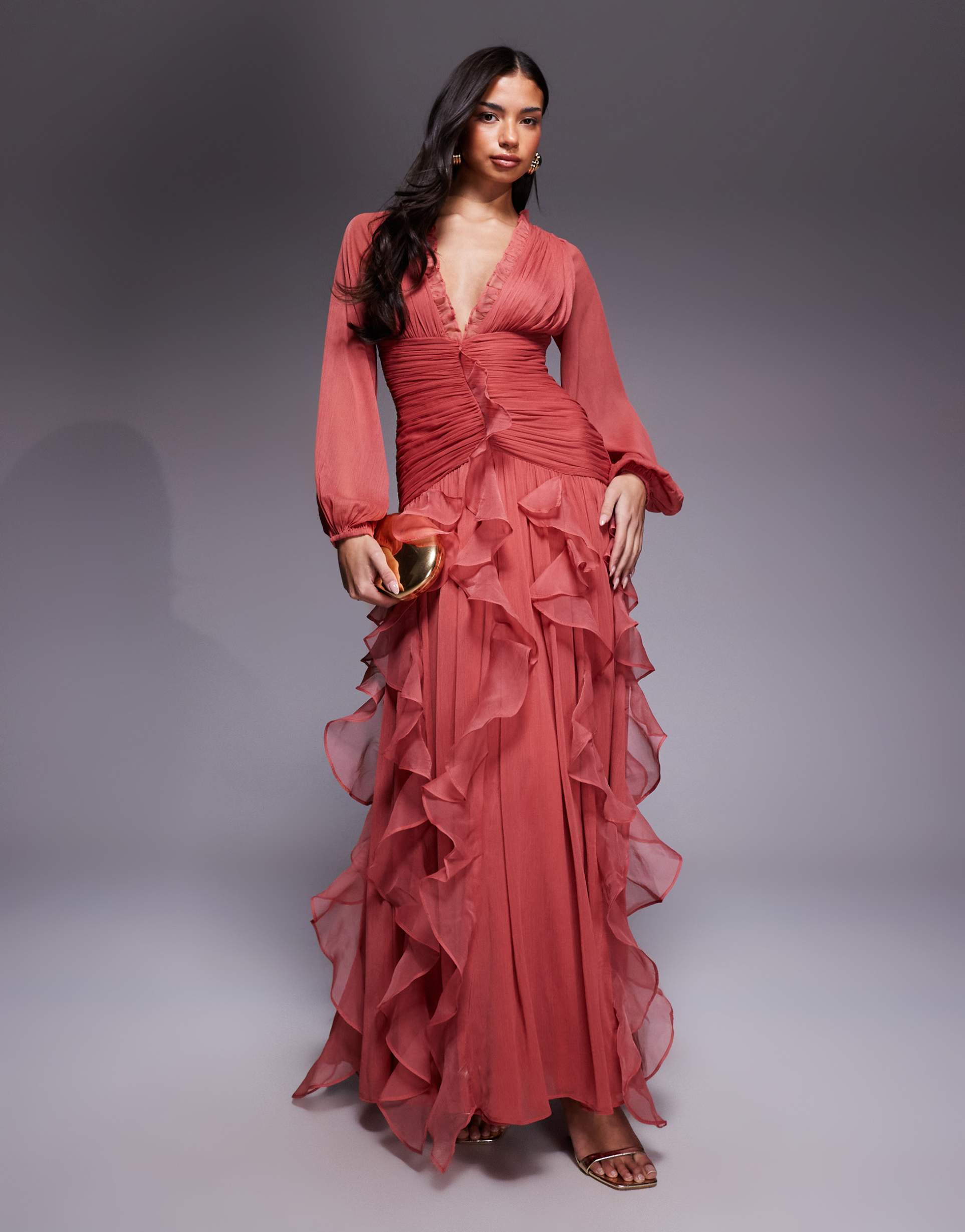asos luxe ruched long sleeve maxi dress with waterfall detail in faded rose