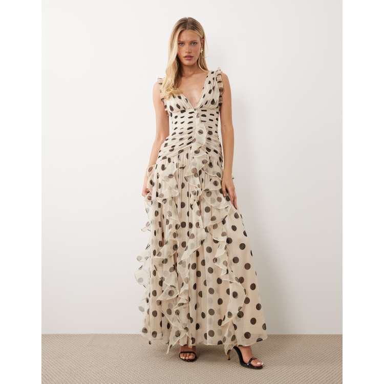 chinese dress ladies The Navy V Neck Polka Dot Lace Ruched Maxi Dress