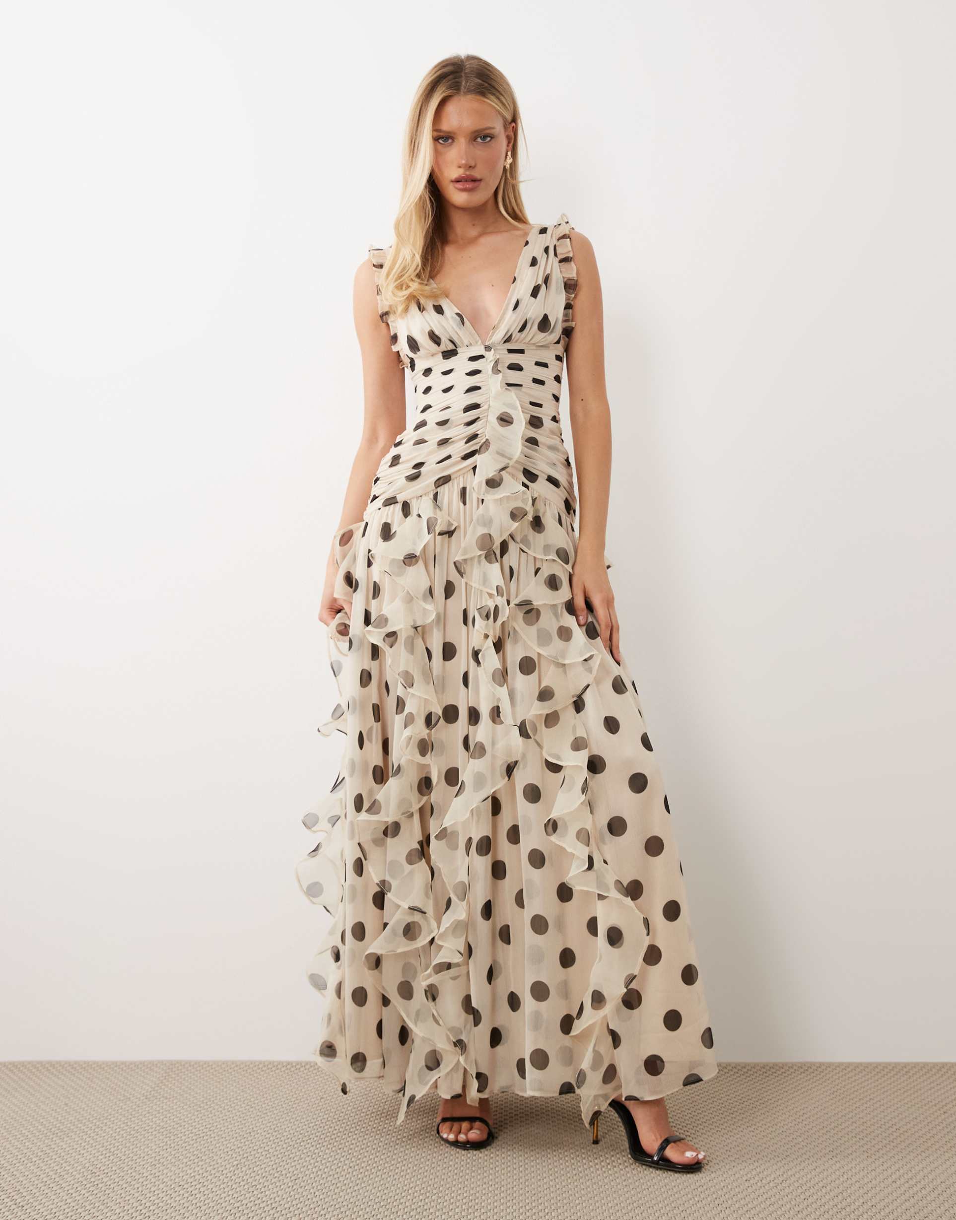 asos luxe ruched maxi dress with waterfall detail in brown polka dot