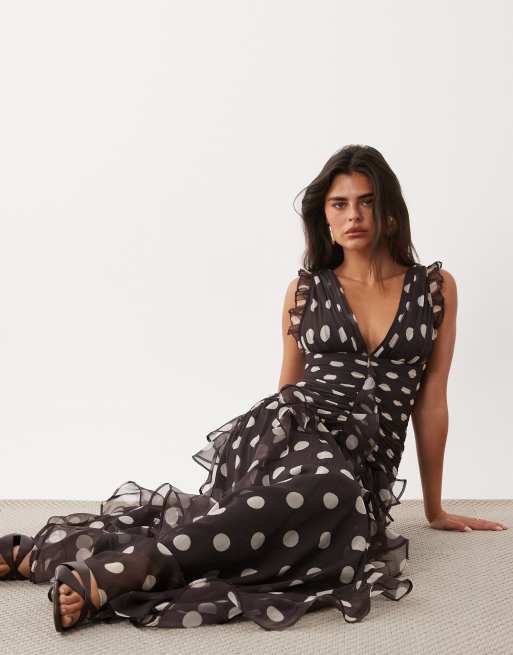 ASOS LUXE ruched maxi dress with waterfall detail in chocolate spot, 2 of 4