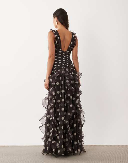 ASOS LUXE ruched maxi dress with waterfall detail in chocolate spot, 4 of 4