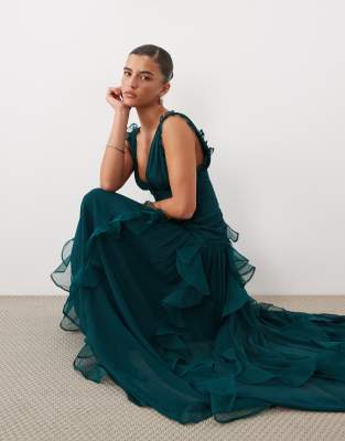 Asos Luxe Ruched Maxi Dress With Waterfall Detail In Green