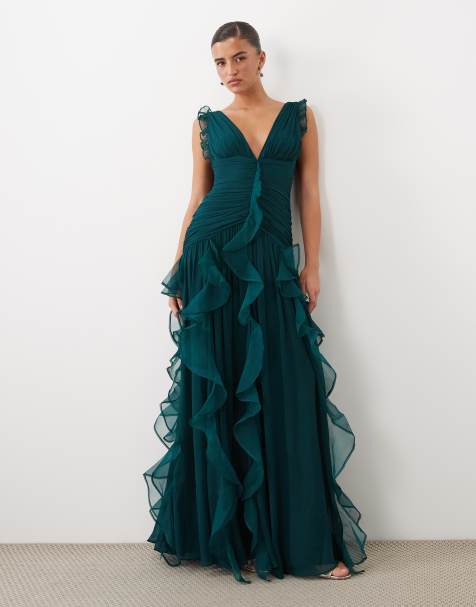 ASOS LUXE ruched maxi dress with waterfall detail in dark green