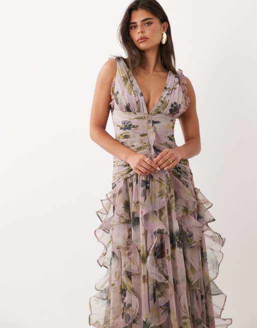 asos dresses women DESIGN Cami Bias Maxi Dress With Large Floral Print In Blue ensuring a flattering slim fit Wedding Guest Dresses | Summer