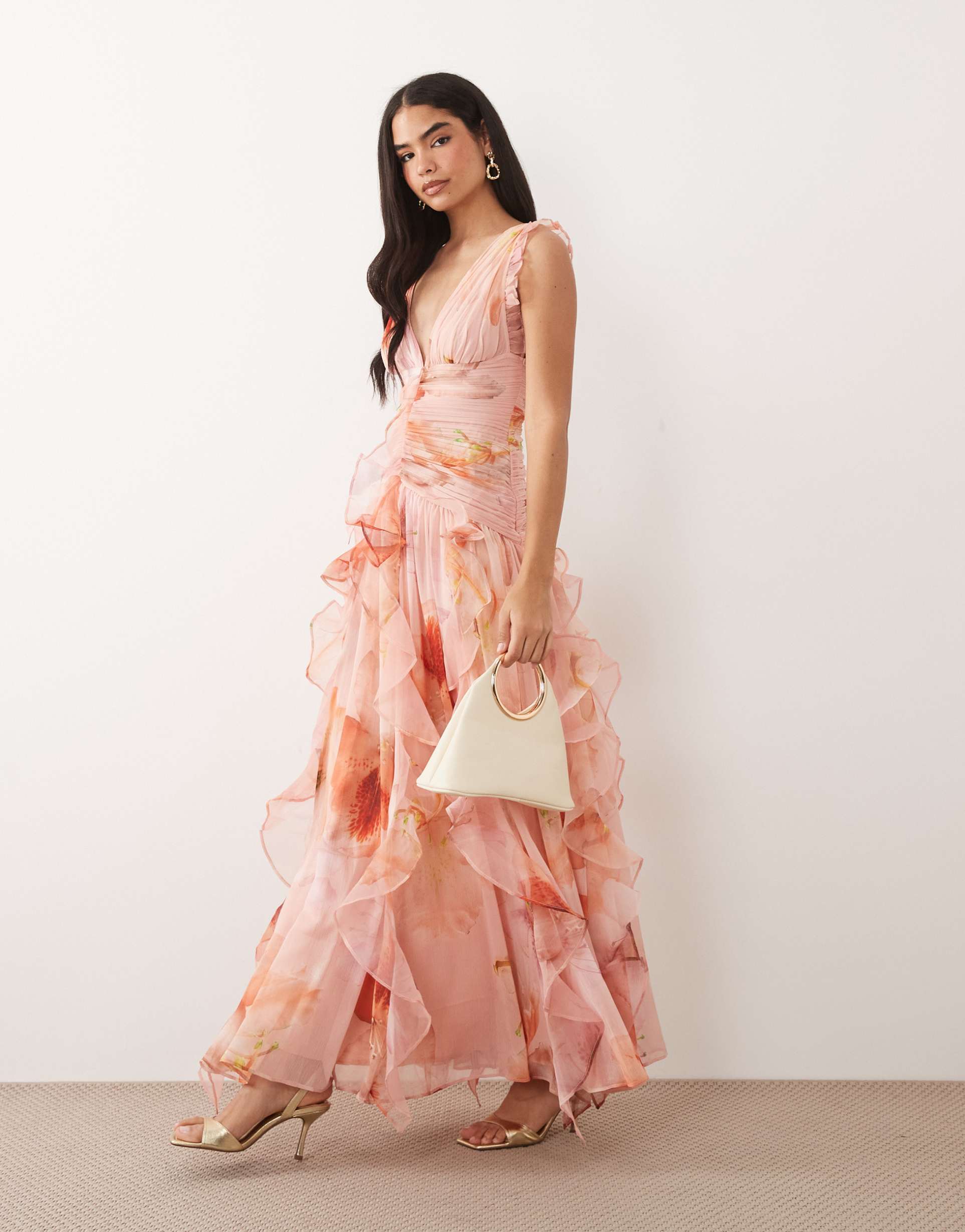asos luxe ruched maxi dress with waterfall detail in pink fruit print