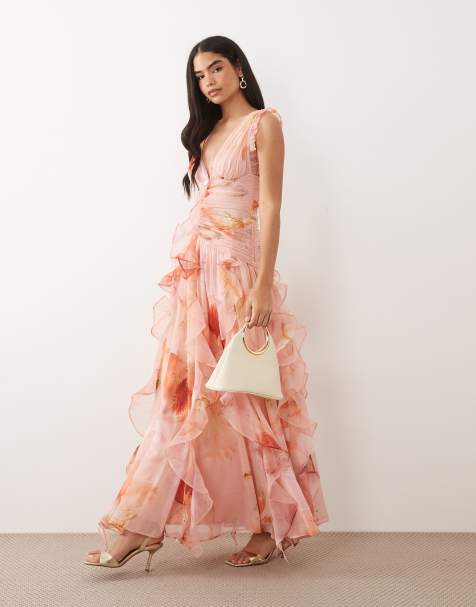 ASOS LUXE ruched maxi dress with waterfall detail in pink fruit print