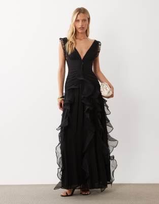 Asos Luxe Ruched Maxi Dress With Waterfall Detailing In Black