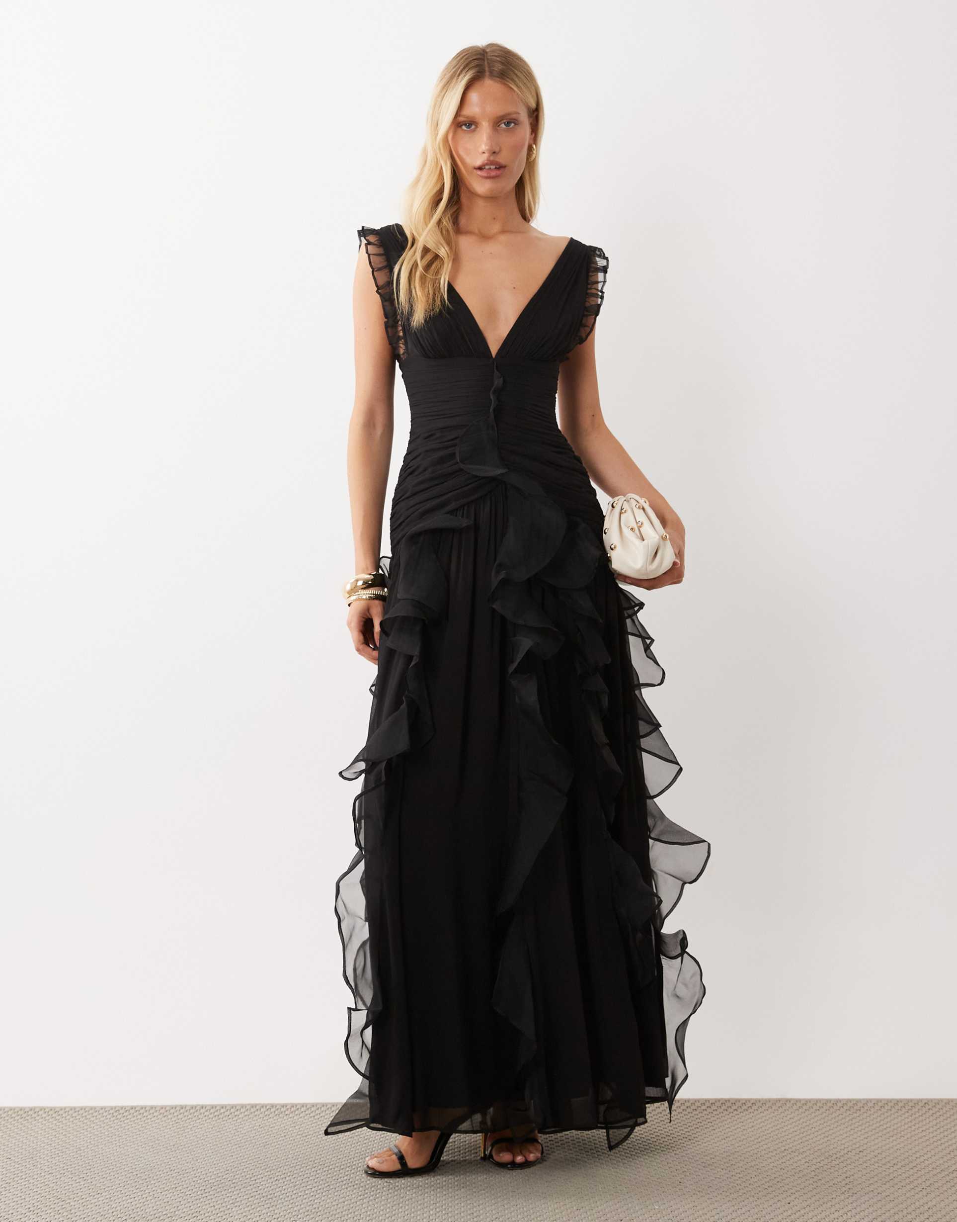 asos luxe ruched maxi dress with waterfall detailing in black