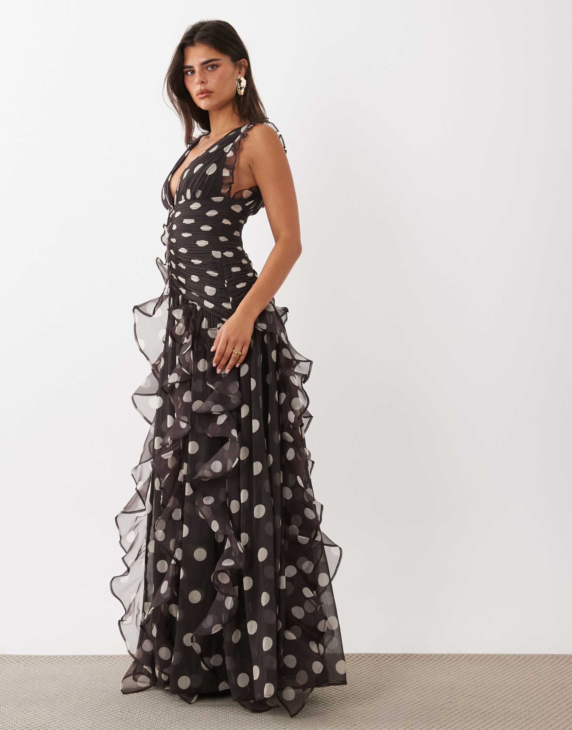 asos luxe ruched maxi dress with waterfall detailing in chocolate polka dots