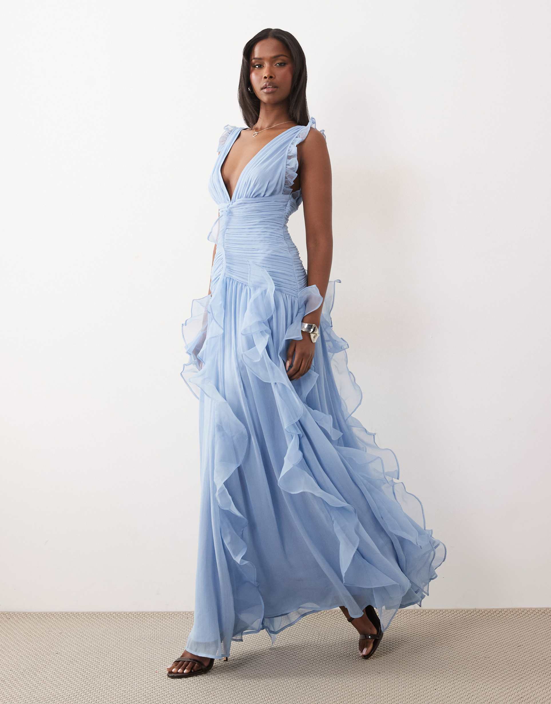 asos luxe ruched maxi dress with waterfall detailing in dusky blue