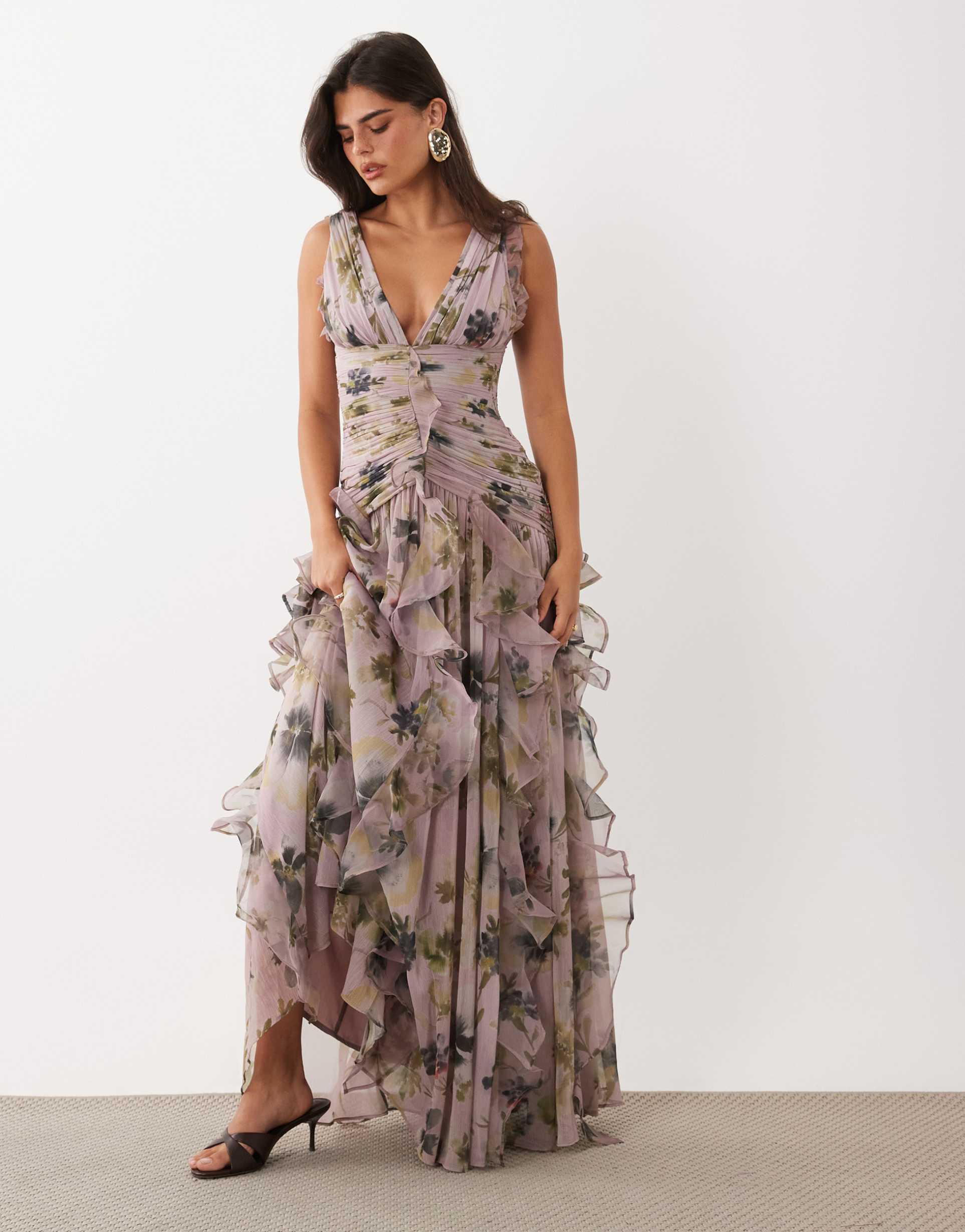 asos luxe ruched maxi dress with waterfall detailing in floral print