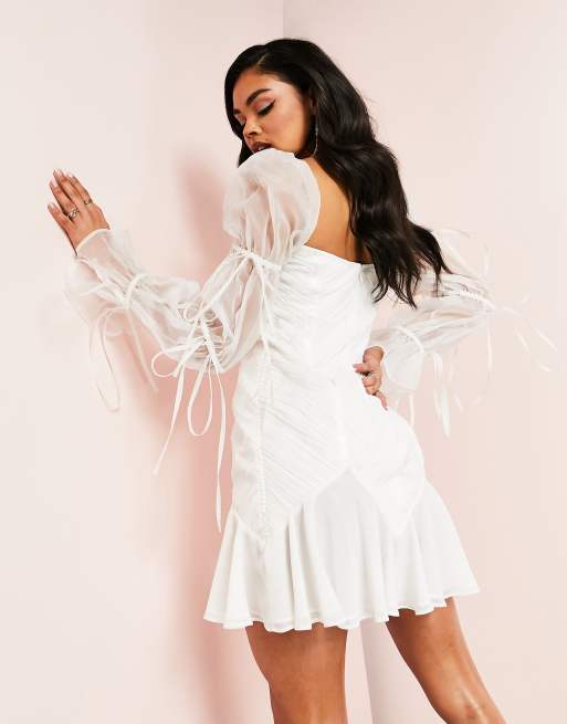 ASOS DESIGN mini dress with ruched side and tie straps in white