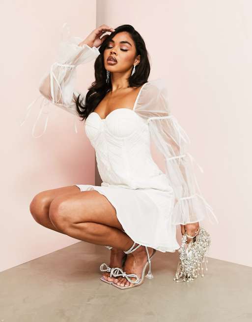 ASOS LUXE ruched mini dress with organza blouson sleeves and tie detail in  white