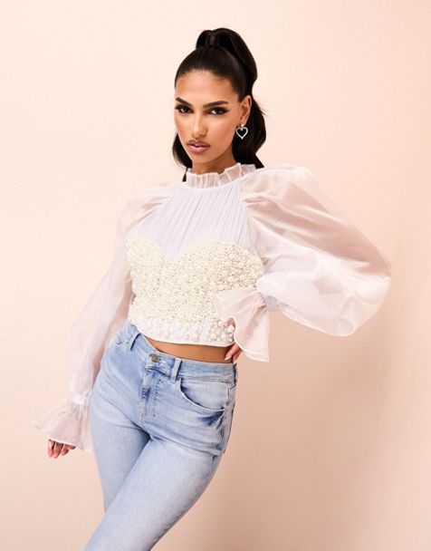 ASOS LUXE Curve halterneck corsage sleeve crop top and high