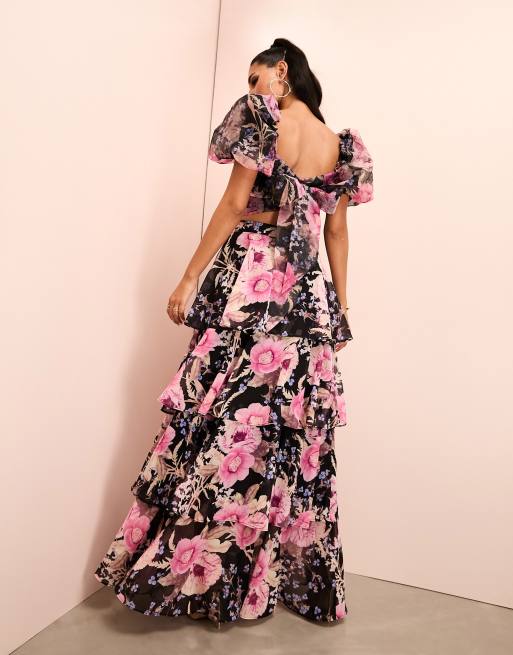 ASOS LUXE ruched wrap tiered maxi skirt in floral print