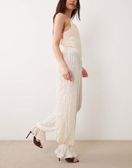 ASOS LUXE ruffle boho hareem pants with cuff detail in cream, 2 of 5