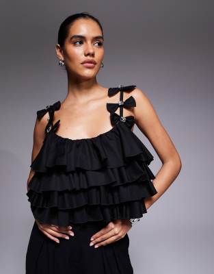 Asos Luxe Ruffle Cami Top With Embellished Bow Detail In Black