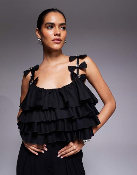 ASOS LUXE ruffle cami top with embellished bow detail in black
