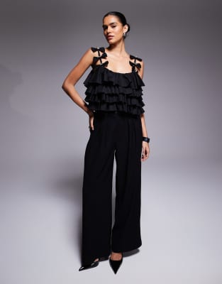 Asos Luxe Ruffle Cami Top With Embellished Bow Detail In Black