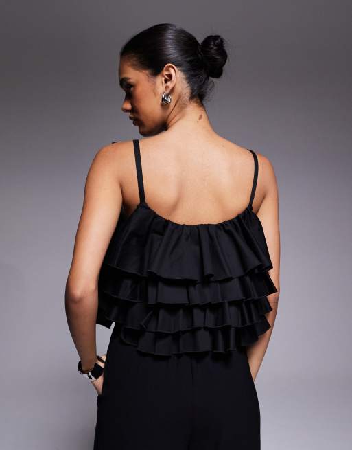 ASOS LUXE ruffle cami top with embellished bow detail in black