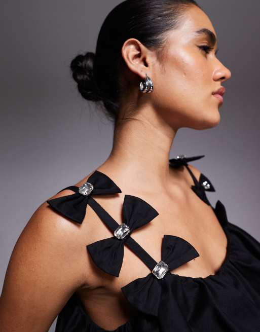 ASOS LUXE ruffle cami top with embellished bow detail in black