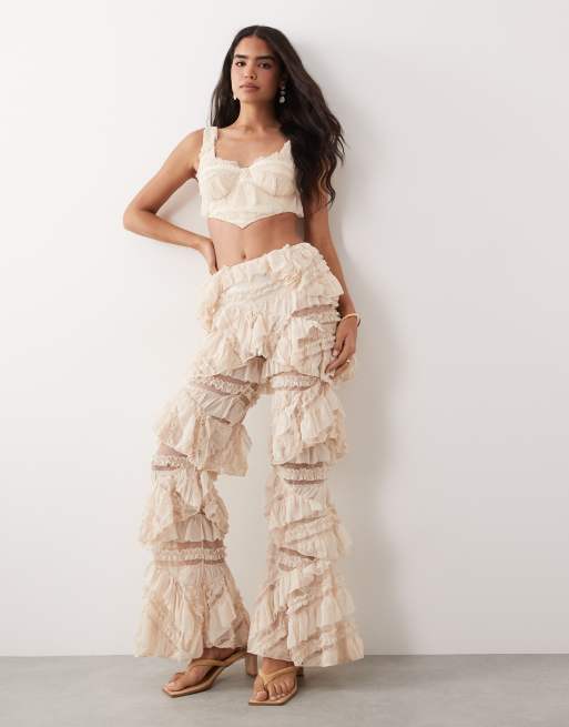 ASOS LUXE corset ruffle crop top and wide leg pants set in cream, 2 of 3