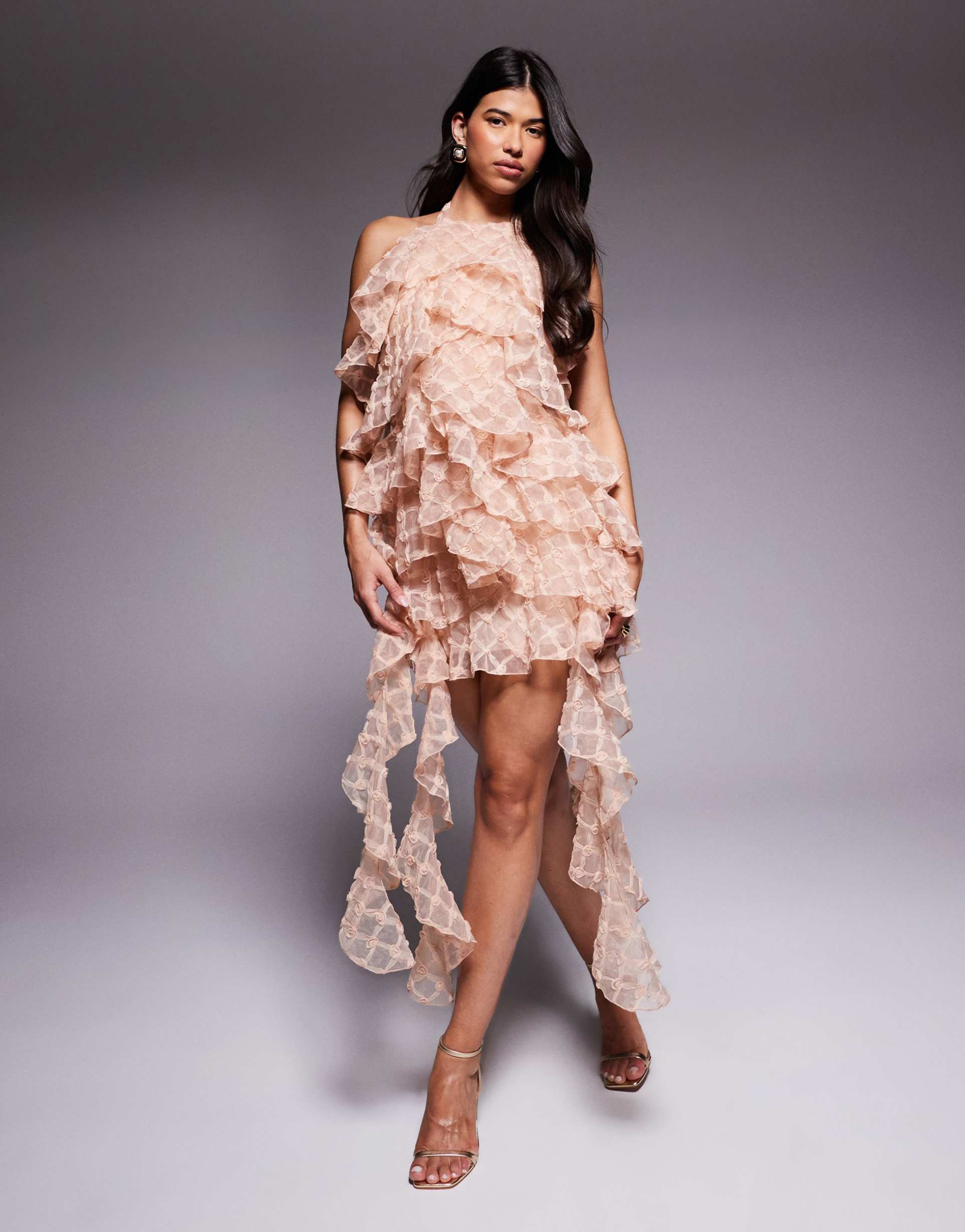 asos luxe ruffle halter neck rose print mini dress in pink