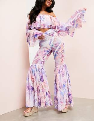 ASOS LUXE ruffle hem flared beach trouser in postcard print - ASOS Price Checker