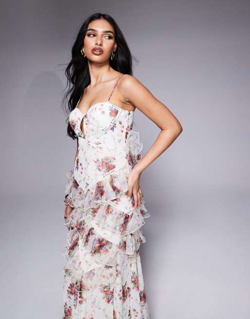 asos floral ruffle maxi dress ASOS LUXE ruffle maxi dress with trim in floral print