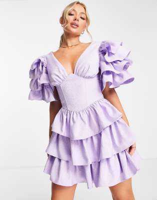 ruffle sleeve and ruffle pep corset mini dress in lilac-Yellow