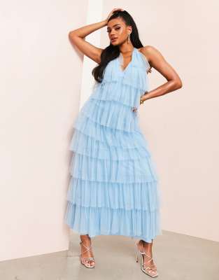 ASOS LUXE ruffle tulle maxi dress in blue - ASOS Price Checker