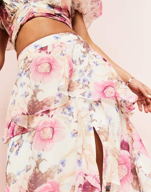 ASOS LUXE - Rynket lagdelt slå-om-maxinederdel med blomstermønster - Del af sæt, 3 af 4