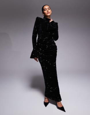 ASOS LUXE - Samt-Maxikleid in Schwarz mit Paillettenbesatz und drapierter Taille