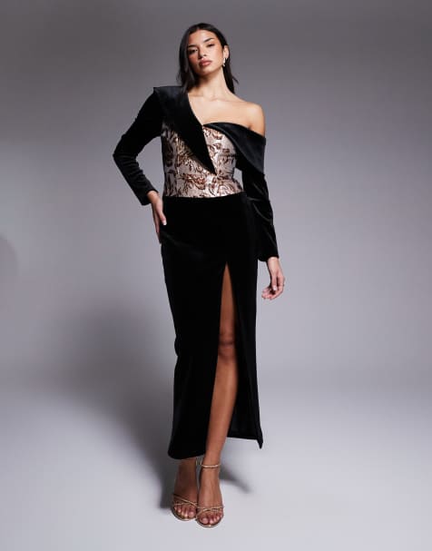 ASOS LUXE – Samt-Midikleid in Schwarz mit Jacquard-Korsett - view 1