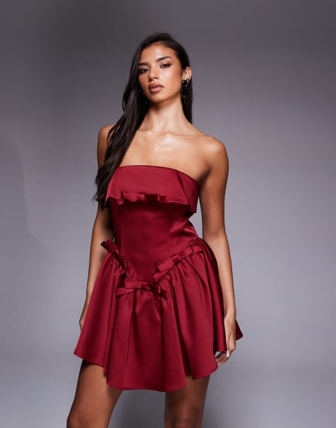 ASOS LUXE - Satijnen mini bandeau-jurk met structuur en strikdetail in donkerrood - view 1