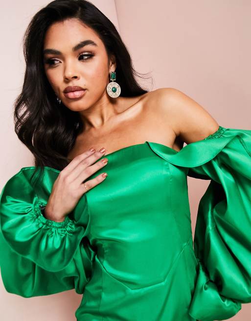 ASOS LUXE satin bardot bodycon dress with puff sleeves in bright green