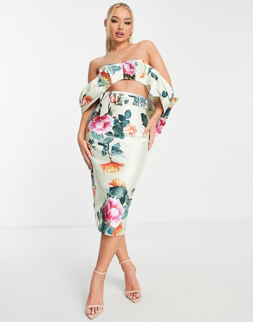 ASOS LUXE satin bardot crop top with bow in floral print - part of a set-Multi