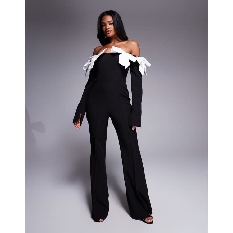 ★TOUT Y EST★ Bow shoulder 32 RCBSX23631BKX ASOS LUXE satin bow off-shoulder jumpsuit in black contrast