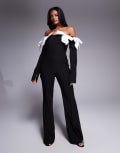 [ASOS LUXE] ASOS LUXE satin bow off-shoulder jumpsuit in black contrast 16 Black contrast