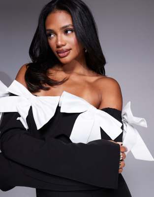 Asos Luxe Satin Bow Off-shoulder Jumpsuit