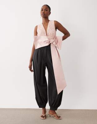 Asos Luxe Satin Bow Plunge Cropped Top In Pink