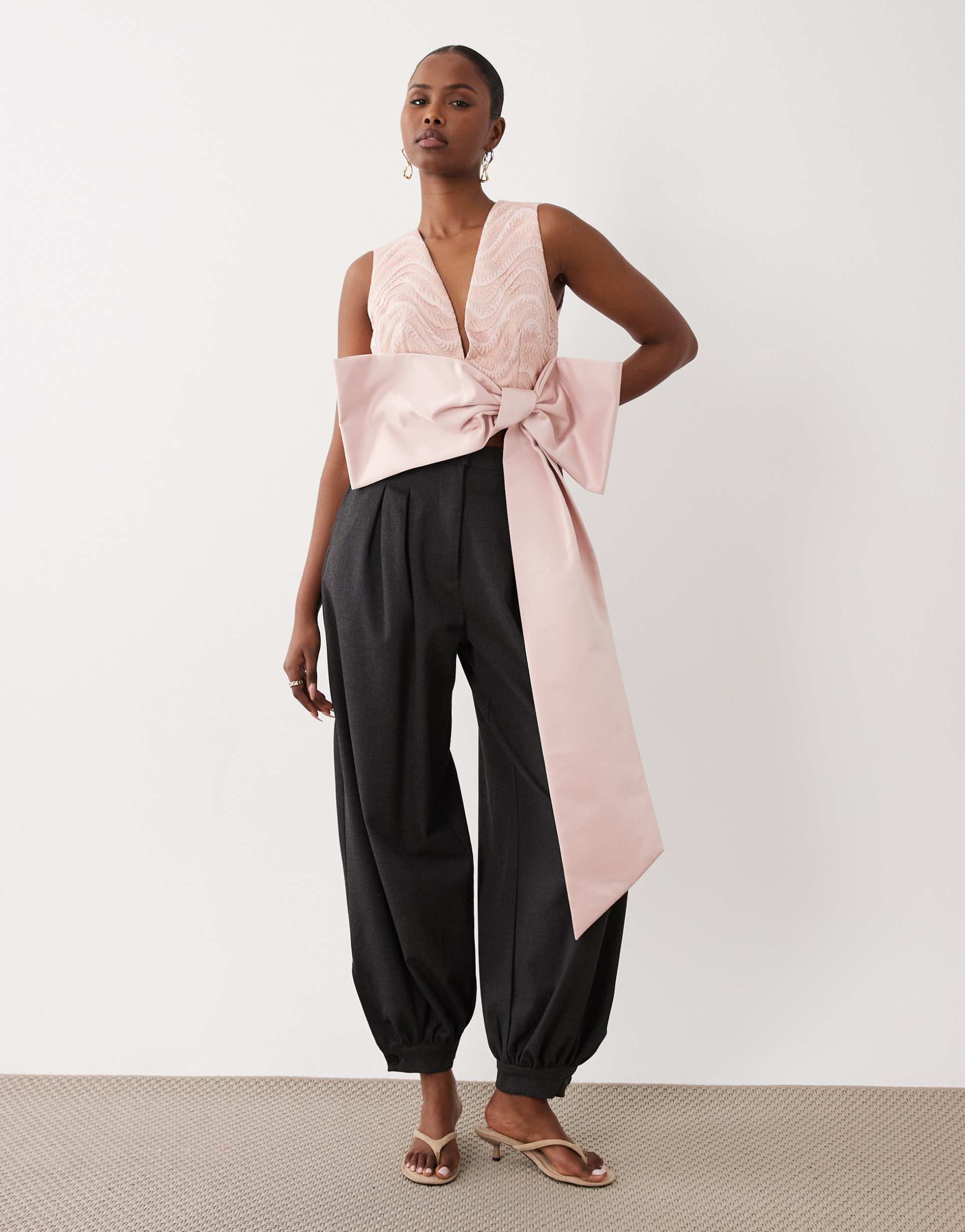 asos luxe satin bow plunge cropped top in light pink
