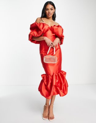 ASOS LUXE satin bubble Bardot midi dress in hot red