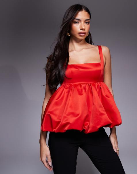 ASOS LUXE satin bubble peplum hem cami top in red - view 1