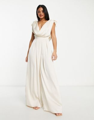 ASOS LUXE satin corsage plunge neck wide leg jumpsuit in champagne-White