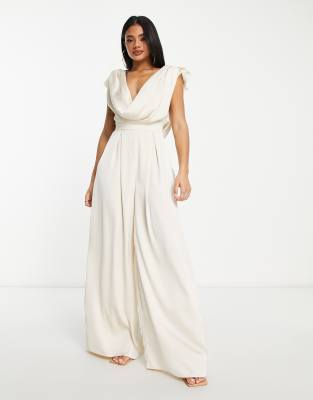 ASOS LUXE satin corsage plunge neck wide leg jumpsuit in champagne-White