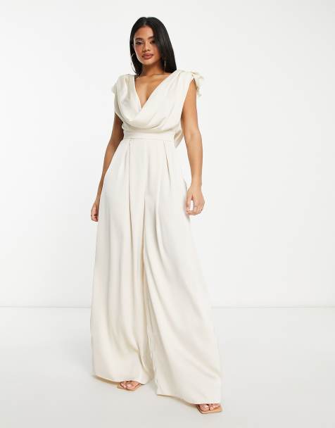 Tall Women's White Jumpsuits, Wide Leg Jumpsuits, Flowy