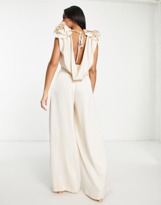 ASOS LUXE satin corsage plunge neck wide leg jumpsuit in champagne